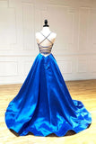 A Line Satin Spaghetti Straps Royal Blue Long V-Neck Prom Dress P1488