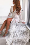 Long Sleeves Mermaid Lace V Neck Wedding Dresses with Slit, Wedding Gowns W1249