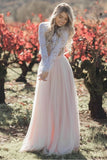 Two Pieces Long Sleeves Lace Appliques Blush Pink Wedding Dresses, Beach Wedding Dress W1224