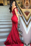 Mermaid Red Off the Shoulder Red Long Prom Dresses, Backless Evening Dresses uk PW578