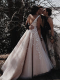 A Line V-Neck Open Back Tulle Long Prom Dress with Applique Backless Evening Dress P1264