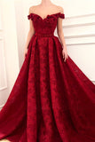 Charming Red Lace Off the Shoulder Prom Dresses, V Neck Handmade Flowers Party Dresses P1132