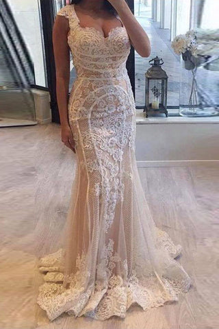 Elegant Cap Sleeve Mermaid V-neck Lace Applique Ivory Wedding Dresses W1134