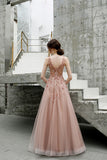 A Line V-Neck Pink Beads Straps Prom Dress Lace-up Long Dance Dress P1454