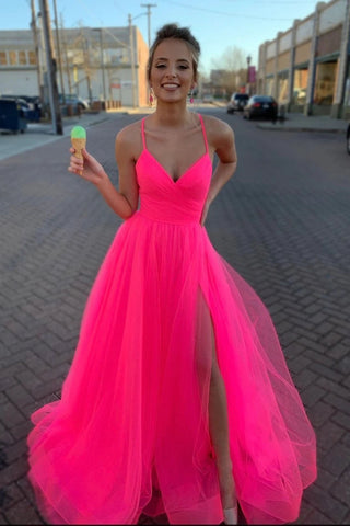 Modest Tulle V Neck Spaghetti Straps Pink Long Prom Dresses with Slit P1485
