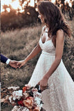 Rustic A-Line V-Neck Lace Backless Spaghetti Straps Wedding Dress W1241