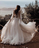 A Line Long Sleeves Ivory V-Neck Beach Wedding Dress with Lace Appliques Bridal Dress W1232