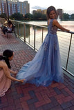 Unique Blue Tulle Appliques Beading Prom Dresses, Charming Formal Dresses P1347