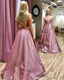 Unique A-line Pink Sequins Spaghetti Straps Prom Dresses Evening Dresses P1474