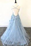 Elegant Spaghetti Straps Lace Applique Blue Bateau Tulle Backless Long Prom Dress P1223