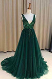 Chic A-Line V Neck Backless Dark Green Tulle Prom Dress with Sequins, Evening Dresses PH696