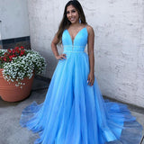 A Line Sky Blue Spaghetti Straps V Neck Tulle Prom Dress Cheap Evening Dress P1422