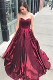 Unique A Line Burgundy Sweetheart Strapless Satin Prom Dresses, Simple Party Dress P1436