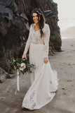Charming A Lines Long Sleeves V Neck Lace Ivory Beach Wedding Dresses, Bridal Dress W1253