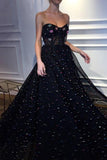 Elegant A Line Sweetheart Strapless Black Tulle Prom Dresses with Beading P1442