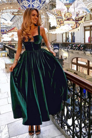 Vintage A-Line Sweetheart Straps Open Back Dark Green Velvet Floor Length Prom Dresses P1216