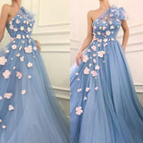 One Shoulder Blue Tulle 3D Flowers Prom Dress P1293