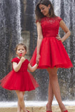 A line Red Cap Sleeves Tulle Lace High Neck Above Knee Open Back Homecoming Dresses uk PH903