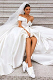 Ball Gown Off the Shoulder White Satin Wedding Dresses, Simple Cheap Wedding Gowns W1163