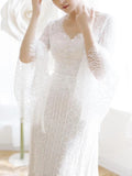 Unique V-Neck Lace-up Mermaid Back Bridal Dress Ivory Lace Trumpet Sleeve Wedding Dress W1161