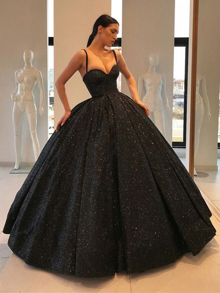 Spaghetti Straps Black Sweetheart Quinceanera Dress Ball Gown Sequins Prom Dress P1263