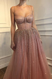 Sexy A-Line Spaghetti Straps Rhinestone Tulle Sweetheart Evening Dresses Pink Formal Dresses P1302