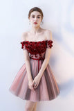 A Line Strapless Off the Shoulder Red Flowers Short Tulle Lace up Homecoming Dresses uk PH876