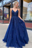 Elegant Spaghetti Straps V Neck Lace Appliques Tulle Prom Dresses with Lace up P1536