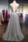 A Line Grey Tulle Beads 3D Flowers Round Neck Long Prom Dress with Belt P1219