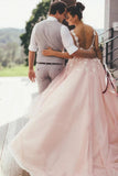 Sheer Round Neck Pink Wedding Dress Backless Bridal Gown With Lace Appliques W1262