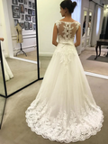 A Line Lace Appliques Tulle Ivory Scoop Long Wedding Dress Bridal Dress PW200