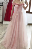 Princess A-line 3D Flowers Off the Shoulder Tulle Glitter Long Prom Dresses, Sweetheart Dance Dress P1300