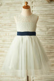 Princess Ivory Beautiful Lace and Tulle Scoop Open Back Cheap Flower Girl Dresses with Bow PH772