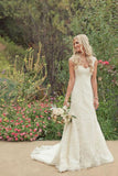 Elegant Mermaid Ivory Lace Appliques V Neck Long Beach Wedding Dresses uk PH997