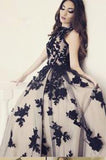 New Arrival A Line Round Neck Black Lace Long Prom Dresses