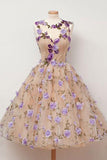 Cute A Line Round Neck Short Tulle Open Back Purple Flowers Homecoming Dresses PH787
