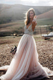 Pink Beading A Line V- Neck Sexy Tulle Long Sleeveless Beach Wedding/Prom Dresses UK PH502