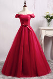 A Line Long Red Tulle Off the Shoulder Lace up Bowknot Floor Length Prom Dresses uk PW140