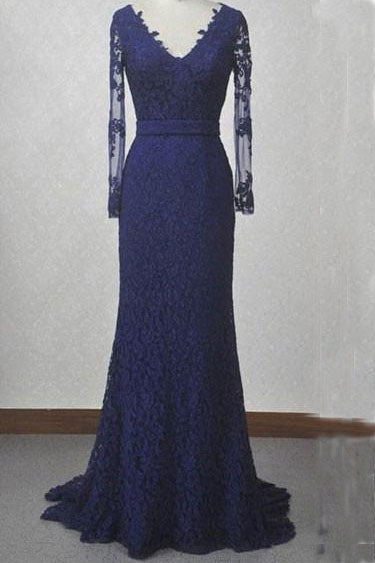 V-Neck Navy Blue Lace Mermaid Long Sleeves Open Back Floor-length Prom Dresses uk PM310