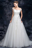 Off the Shoulder Tulle Wedding Dress with Lace Appliques, A Line Long Bridal Dresses W1138