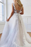 A Line Deep V-Neck Backless White Tulle Prom Dress With Appliques Evening Dress P1275