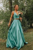 Simple A Line Two Pieces V Neck Satin Green Prom Dresses, Cheap Formal Dress P1434