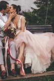 Sheer Round Neck Pink Wedding Dress Backless Bridal Gown With Lace Appliques W1262