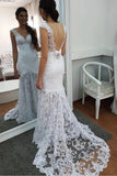 Elegant Mermaid Lace Applique V Neck Wedding Dresses Backless Wedding Gowns W1159
