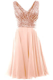 A Line Blush Pink V Neck Chiffon Short Bridesmaid Dress with Rose Gold Sequins UK PH779