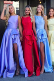 Cheap Long Scoop Simple Ruffled Slit Prom Dresses, Satin Formal Dresses UKPW435