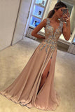 A-line V-neck Satin Brown Sweep Train Appliques Lace with Slit Sleeveless Prom Dresses PH691