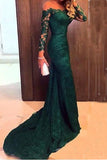 Mermaid Long Sleeves Lace Court Train Green Scoop Prom Dresses uk PM366