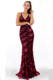 Fashion Spaghetti Straps Burgundy Sequin Mermaid Backless Deep V Neck Prom Dresses uk PH892