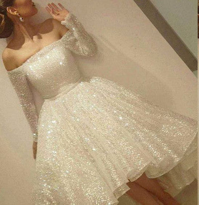 Sexy Sequines Lace Off The Shoulder Long Sleeves Prom Dress